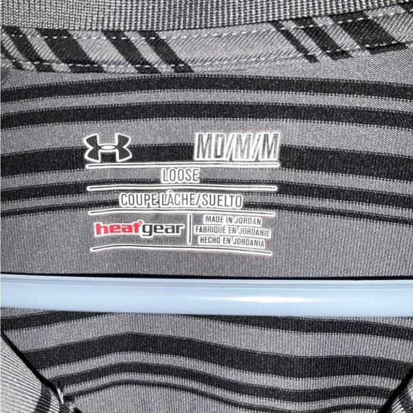 Under Armour‎ Polo Mens Medium Gray & Black Striped Loose Heatgear Golf Shirt - Picture 3 of 8